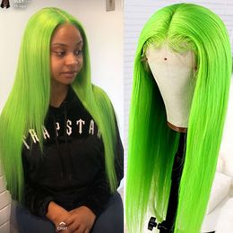 Limoengroen Haarhaar Wig Silky rechte 130% Dichtheid gebleekte knopen Natuurlijke haarlijn kanten voorkant menselijk haar pruik