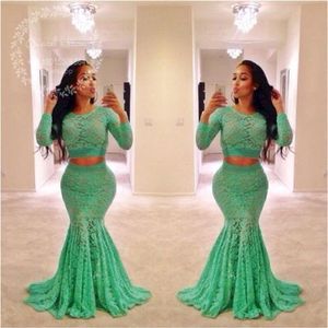 Vert lime dentelle deux pièces robes de bal 2017 manches longues robe de soirée sirène africaine grande taille filles noires robes de soirée formelles2653