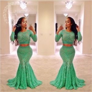 Lime Green Lace Twee stukken Prom -jurken 2017 Lange mouwen Mermaid avondjurk Afrikaanse plus size zwarte meisjes formele feestjurken 273D