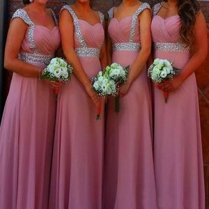 Prachtige Royal Blue Dusky Roze Bruidsmeisjes Jurken Lange Formele Beaded Cap Sleeves Bruiloft Maid of Honor Toga Goedkope Hoge kwaliteit