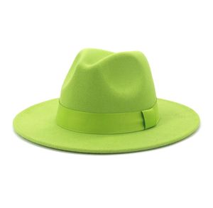 Lime Green Solid Color Wool Filt Jazz Fedora Hoeden met lintband Dames Men Men Wijd Brim Panama Party Trilby Wedding Hat9081390