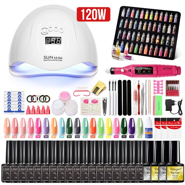 Limegirl 18 colores esmalte de uñas en Gel juego de uñas máquina de manicura eléctrica con lámpara de 120W herramientas accesorios para decoración de uñas