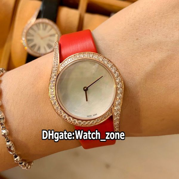 Limelight Gala G0A44160 Montre à quartz suisse avec cadran en perles blanches pour femme Boîtier en or rose Lunette en diamant Bracelet en cuir rouge Montres de mode Lday