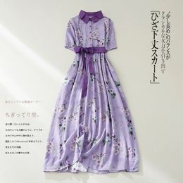 Limiguyue Purple Maxi Dress Summer Women Flower estampado étnico Vintage Tobillo Tobillo Cuello Alta cintura Vestidos J558 240412