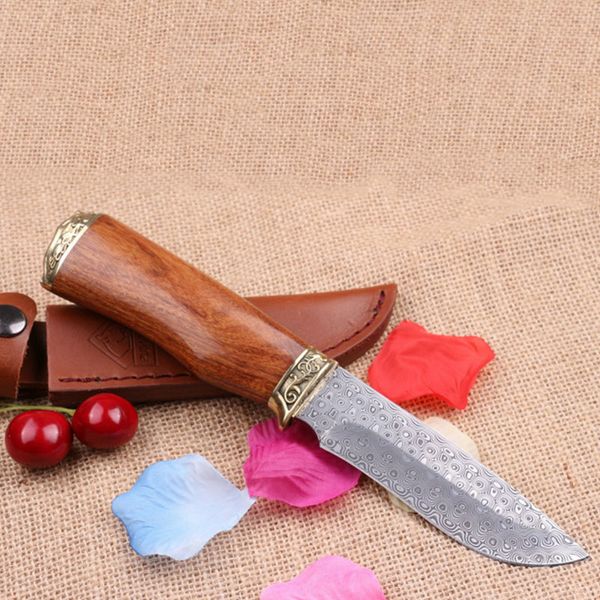 Couteau à lame fixe Damas à collectionner en édition limitée 58HRC, tête en cuivre sculpté, manche en bois de rose naturel, couteaux, expédition DHL