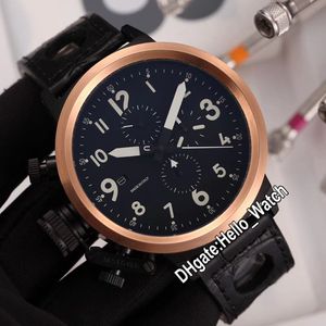 Limitée gaucher U1001 Flightdeck 50 mm Miyota Quartz Chronographe Montre pour homme Cadran noir Boîtier en or rose Montres en cuir marron Hello_Watch