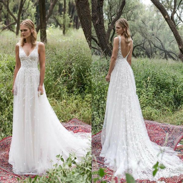 Limor Rosen 2024 Robes de mariée V Neck Lace Appliques Bohemia Bouches de mariée Backless Sweep Train A Line Boho Beach Robe de mariée