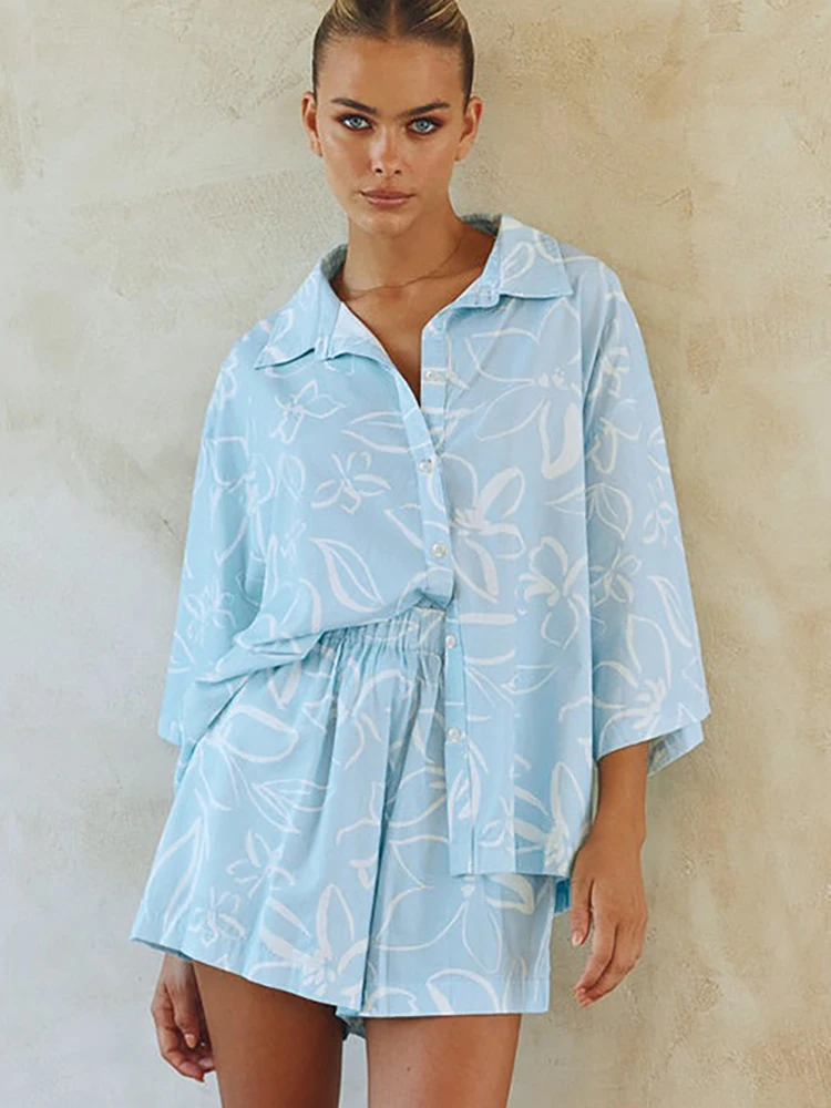 Linad Baskı Pijamaları Kadınlar için 2 Parça Setler Gevşek Üç Çeyrek Kollu Pijama Takımları Şortlu 2023 Yaz Gündelik