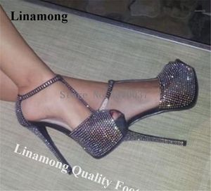 Chaussures habillées Linamong Bling strass Peep Toe haute plate-forme talon aiguille pompes t-strap cristal talons Club soirée chaussures1