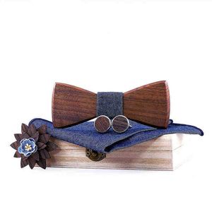 Linbaiway Classic Wooden Bowtie Handkerchief Scufflinks Set voor herenpakken vlinder mannelijke houten vlinderdas met corbatas accessoire J220816