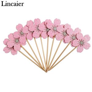 Lincaier 10 pcs Rose Fleurs De Cerisier Cupcake Toppers Fille Décorations De Fête D'anniversaire Enfants Sakura Gâteau Fournitures Accessoires Fleur Y200618