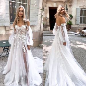 Ligne Boho A Robes Appliques Puffy Sleeve Tulle Designer Bridal Robes Sway Train Robe de mariée PPLIQUES