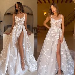 Ligne Boho A Robes Bost Bodice Illusion Stracts Dress High Slit Full Floral Appliques Tulle Designer Wedding Bridal Bridal Robes PPLIQUES