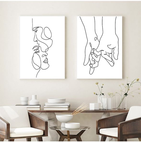 Dibujo de línea Pareja Hand Love Kiss Kiss Wall Art Canvas Pinting Carteles y estampados nórdicos Imágenes de pared minimalista para sala de estar