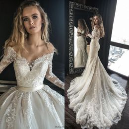 Lijnjurken A met afneembare trein Arabische Dubai van de schouder Lange mouwen Lace bruiloft bruidsjurken Rabic