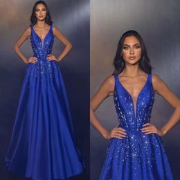 Lijnjurken V A Royal Evening Blue Neck Crystal Beads Party Prom Ploes Ruffle Formal Long Red Carpet Dress voor speciale OCN