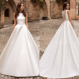 Ligne mode une robe pour la mariée Bateau sans manches en satin robe de mariée bouton de créateur de bandes nuptiales