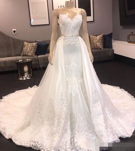Línea hermosa A Dresses Sweetheart Escote Lace Aplique Mermaid Train desmontable Crystal Bode Boaded Bridal Plique