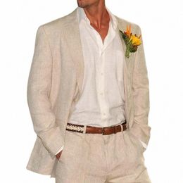 Costumes de plage en lin pour hommes mariage marié smoking beige été style américain mâle veste avec pantalon 2024 prêt à expédier 653w #