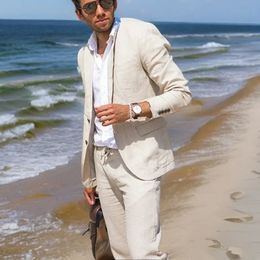 Cosses de plage en lin pour hommes Mariage Groom Tuxedo 2 pièces Prom Party Summer Cost Veste avec pantalon Fashion masculin 204 240407