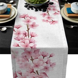 Linnen Jute Tafel Runner Dressoir Sjaals Roze Kersen Blossoms Kitchen Lopers voor het diner vakantiefeest bruiloft decor 210628