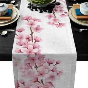 Linnen Jute Tafel Runner Dressoir Sjaals Pink Cherry Blossoms Kitchen Lopers voor Diner Holiday Party Wedding Decor 210709