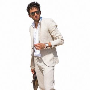 Linnen Casual Pakken voor Zomer Mannen Strand Bruiloft Tuxedo Custom Bruidegom Prom Busin Pak Blazer met Broek Mannelijke Fi kostuum 77ib #