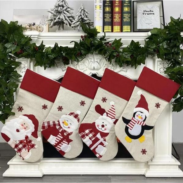 Adornos navideños de lino Medias Calcetines con Papá Noel Bolsa encantadora de Navidad para niños Bolsa de regalo de dulces Chimenea Decoración del árbol de Navidad