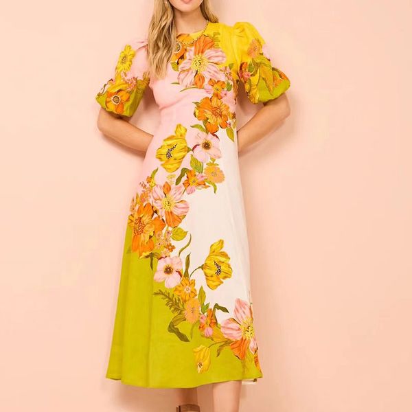 Robe en lin de styliste australien, imprimé Floral, manches bulles, col rond, manches courtes, coupe cintrée, nouvelle collection printemps/été 2024