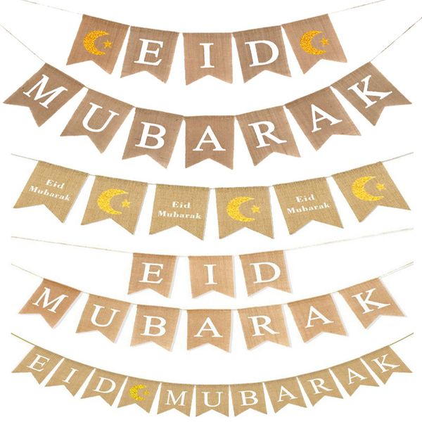 Bannière en lin Eid Mubarak avec cordes, décorations musulmanes du Ramadan, drapeau suspendu, décoration de fête à domicile, étoiles de lune, drapeaux à tirer Bandera De Lynn Eid Mubarak