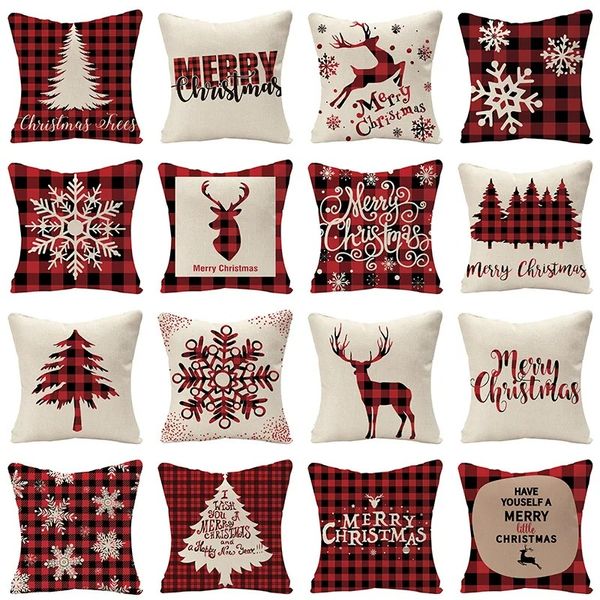 Funda de cojines navideños a cuadros escoceses rojos de lino, cojines decorativos navideños con estampado de árboles de renos y copos de nieve para sofá cama