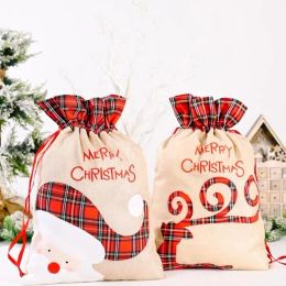 Bolsa de regalo de Navidad de lino de Santa Saco de tela escocesa roja Bolsas de asas con cordón Decoración del festival 1105