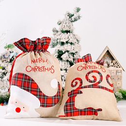 Linnen Santa Sack Christmas Gift Bag Red Plaid Drawtring Tote Bags Festival Decoratie SN6802