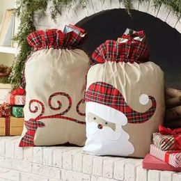 Lin Santa Sack Sac cadeau de Noël Rouge Plaid Drawstring Tote Bags Festival Décoration RRE14603