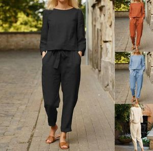 Ensembles de lin mode couleur unie décontracté femmes deux pièces pantalon 2023 printemps/été Simple rétro taille élastique dentelle