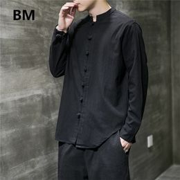 Chemises en lin hommes vêtements Style chinois à manches longues rétro boutonné chemise couleur unie col montant ample grande taille hauts 220401