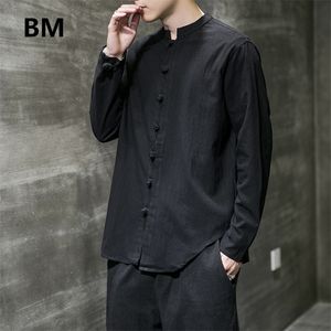 Camisas de lino para hombre, ropa de estilo chino, camisa abotonada Retro de manga larga, cuello levantado de Color sólido, Tops holgados de talla grande 220323