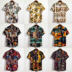 Lino Camisa de manga corta Hombres Verano Floral Suelto Baggy Casual Hawaii Holiday Beach Shirt Tee Tops Botones Blusa Estilo nacional 210708