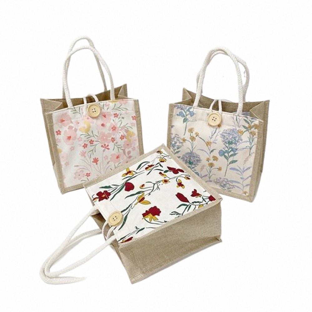 linen Tote Bag Storage Bag Lunch Pouch Tote Bag Handbag Bento Butt Clasp Cute Fr Printing Picnic Food Bento T3zF#