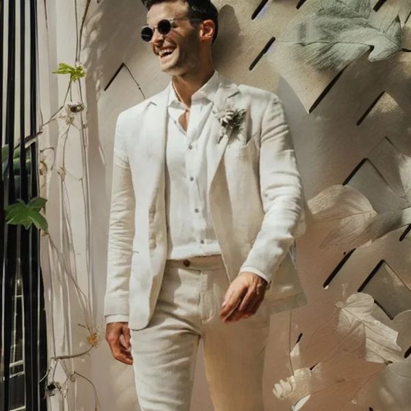 Costumes de mariage en lin pour hommes jardin été marié smoking cran revers bal blazer 2 pièces ensemble veste pantalon 2023 240125