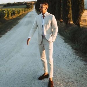 Linnen bruiloft Tuxedo Slim Fit Men Suit ingekeed reversjack met broek 2 stuks ingesteld voor zomer 240407