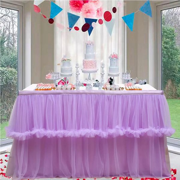 Linge de mariage jupe de table en tulle 6ft / 9ft Purple rose blanc en mailles à manger table de décoration couverture de table de table pour le banquet de réception de mariage