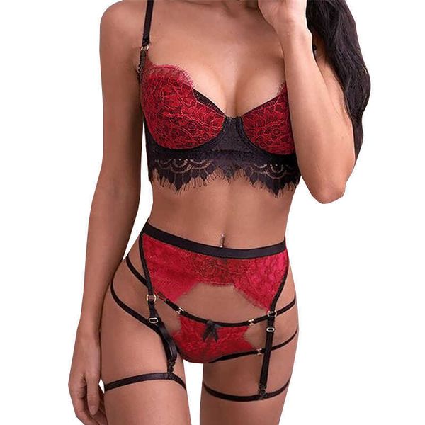 Lingerie Set Sexy Hot Erotic Dentelle Patchwork Hollow Sexy Lingerie Vêtements Pour Femme Sexy Sous-vêtements Stripper Vêtements Érotique Set Y0911