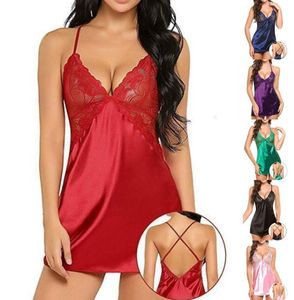 Lencería Sexy Faux Silk Nightgowns Satin Sleepwear de encaje Vestido de encaje Mujeres sin mangas V Campo Nightwear Nightwear BY1634