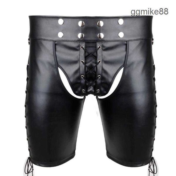 Lencería sexy cadena hombres bragas imitación cuero lateral con cordones bondage arnés pantalones lencería gótica abierto buopen cortch pantalones cortos gay fetiche ropa interior señoras tangas 8SFO