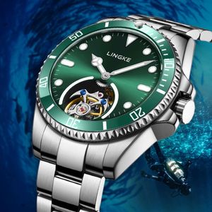 Lingke Tourbillon de gama alta para hombre, submarino mecánico completamente automático, hueco, resistente al agua, reloj fantasma de agua verde