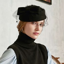 Linglong mesh baret, Britse grote hoofdschilder, herfst- en winterwollen knopwolvilthoed, stewardesshoed