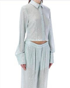 Lingshan sa-qu-n design sense niche légèrement transparente chemise courte à paillettes bleues pour les femmes d'été nouveau style