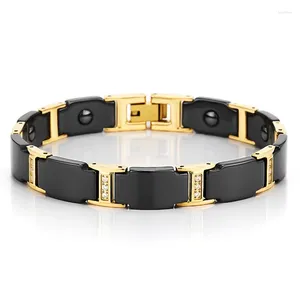 Pulseras de eslabones 10 mm Cerámica negra Cadena cruzada Pulsera de circón para hombres Mujeres Placa de oro Acero inoxidable Moda Cuidado de la salud Joyería magnética