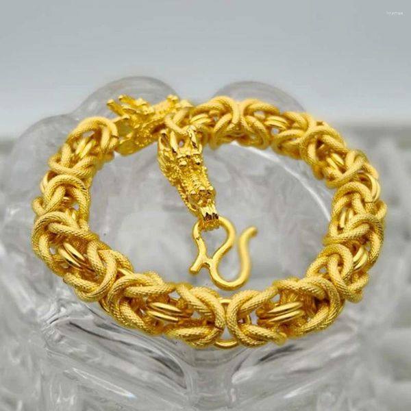 Bracelets de liaison 10 mm Bracelet Chaîne solide Hip Hop Yellow Gold Couleur Dragon Punky Male Bijoux Gift 21 cm de long